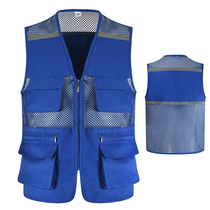 Blue Work Vest For Men With Pockets and Reflective Stripes Breathable Photography Vest: Blue / XXXL-Full Chest122cm