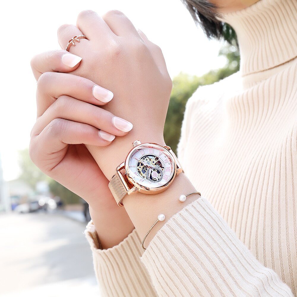 ORKINA Mechanische Frauen Armbinde Uhr Skelett Automatische Armbanduhr Gittergewebe Edelstahl Band Weibliche Uhr schick Reloj Mujer