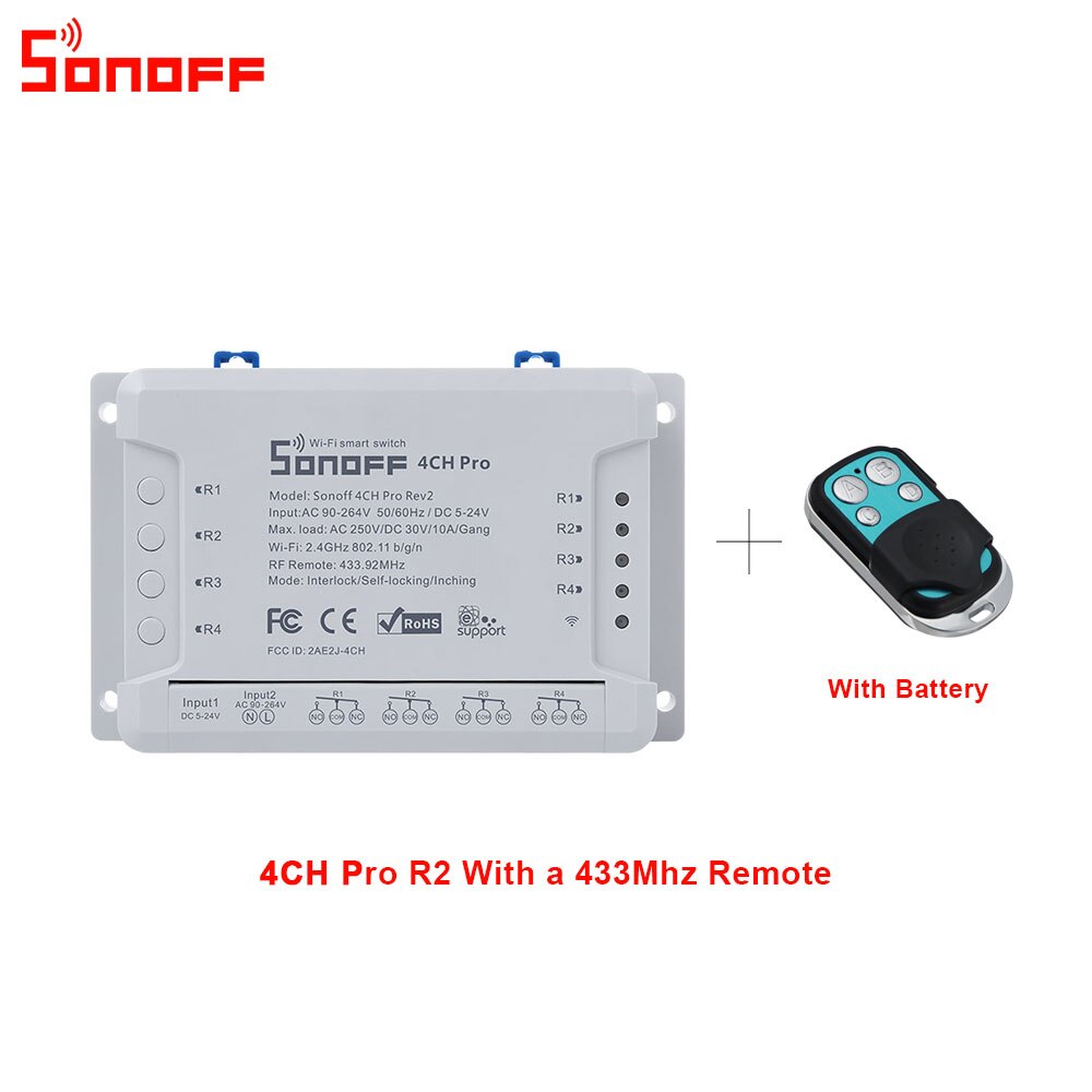 Itead sonoff 4ch pro  r2 wifi-schakelaar 4- kanaals inching zelfvergrendelende vergrendeling slimme wifi rf-bediening afstandsbediening werkt met alexa: 4 chpror 2 met afstandsbediening