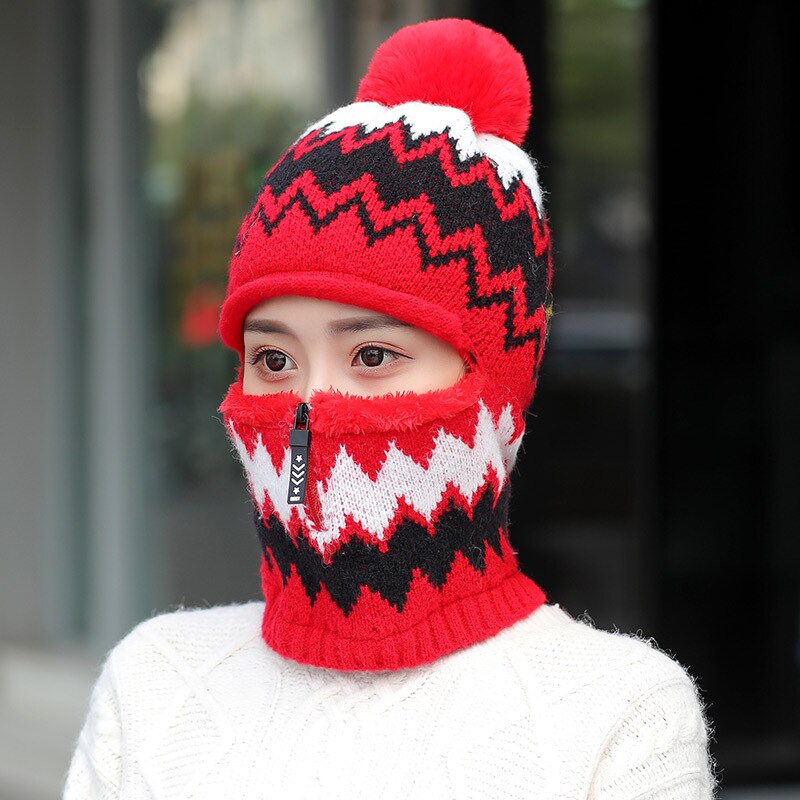 Double-Use Women Warm Knitted Hat Scarf Hooded Collar Elastic Winter All-Match Adult Teen Thick Soft Neck Warmer Female Caps: ZIPPER RED