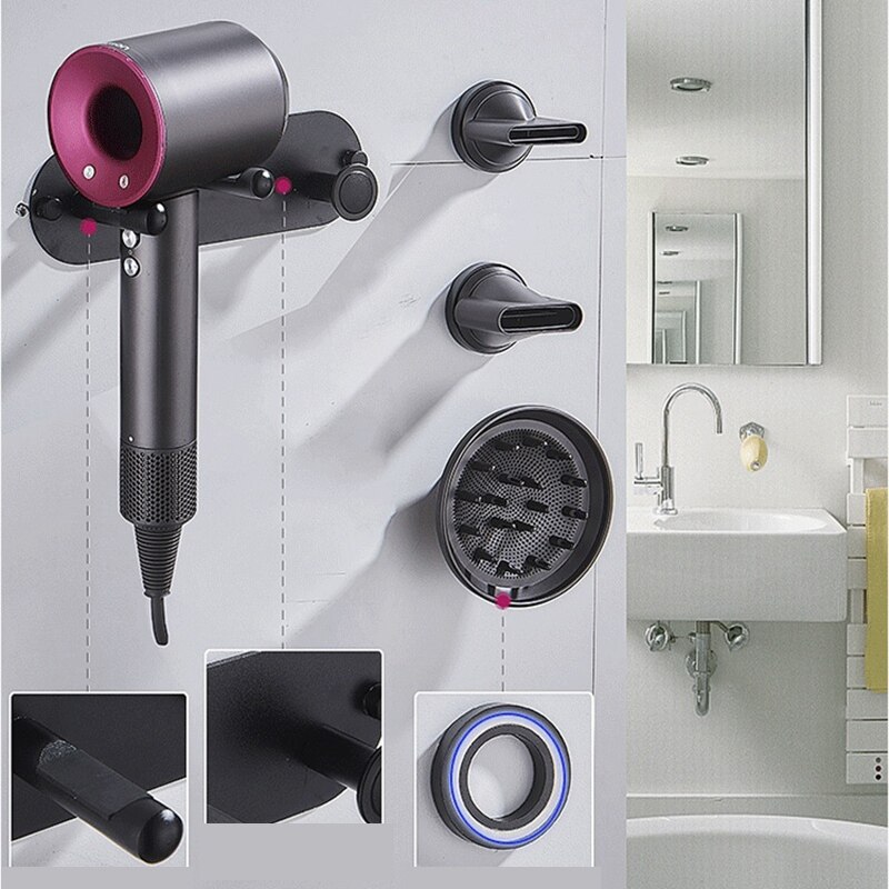 Practical Boutique Wall Mounted Holder for Dyson Supersonic Hair Dryer, Self Adhesive Wall Hanging Power Plug, Diffuser and Nozz