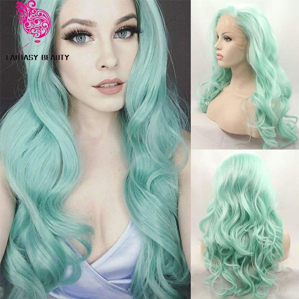 Long Wave Green Wig Heat Resistant Fiber Mint Green Lace Front Wigs for Women Synthetic Wigs for Cos Party