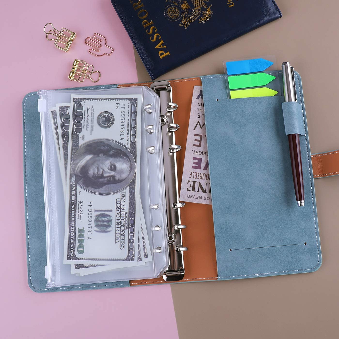 A6 PU Leather Notebook Binder Refillable 6 Ring Binder Cover for A6 Filler Paper Binder Pockets Personal Planner Binder