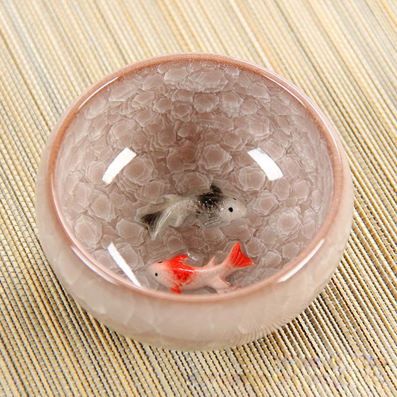 3D Ceramic double Fish China tea Cup,Kung Fu Tea Cup Set Crackle Glaze Travel Tea Bowl Chinese Porcelain Teacup Sets