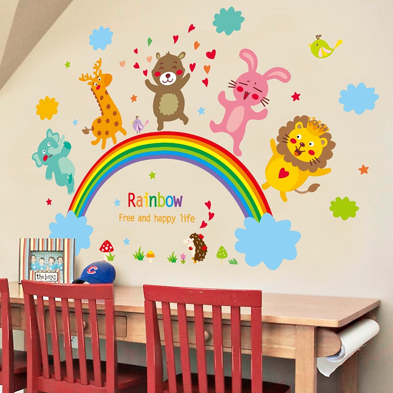 [shijuekongjian] tegneserie løve bjørn dyr wallstickers gør-det-selv regnbueskyer vægmaleri mærkater til børneværelser baby soveværelse dekoration