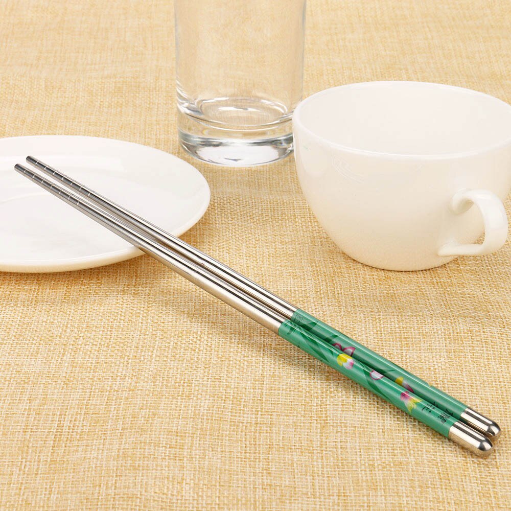 1Pair Chopsticks Length White Flower Pattern Stainless Steel Chopsticks Pair Chinese Garden Home