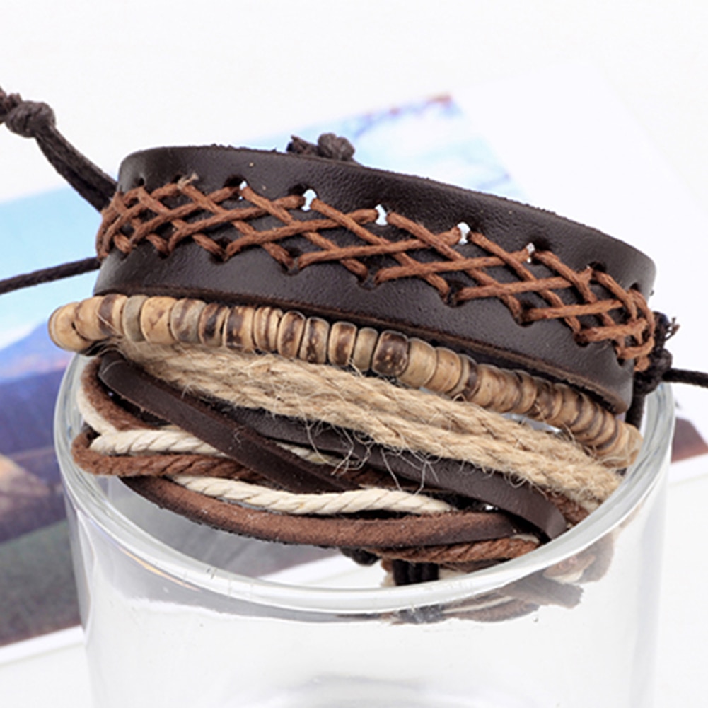 Bracelet en cuir tissé multicouche pour hommes, , fait à la main, réglable, Vintage, bohème,
