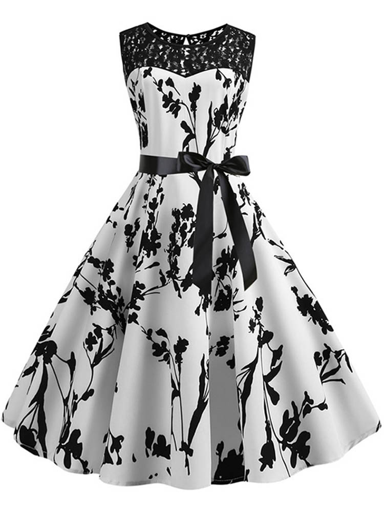 Spets lapptäcke blommigt tryck damklänning hepburn 50s 60s vintageklänning kontorsklänningar för kvinnor a-linjeformade festklänningar bälte: S / Elfenben