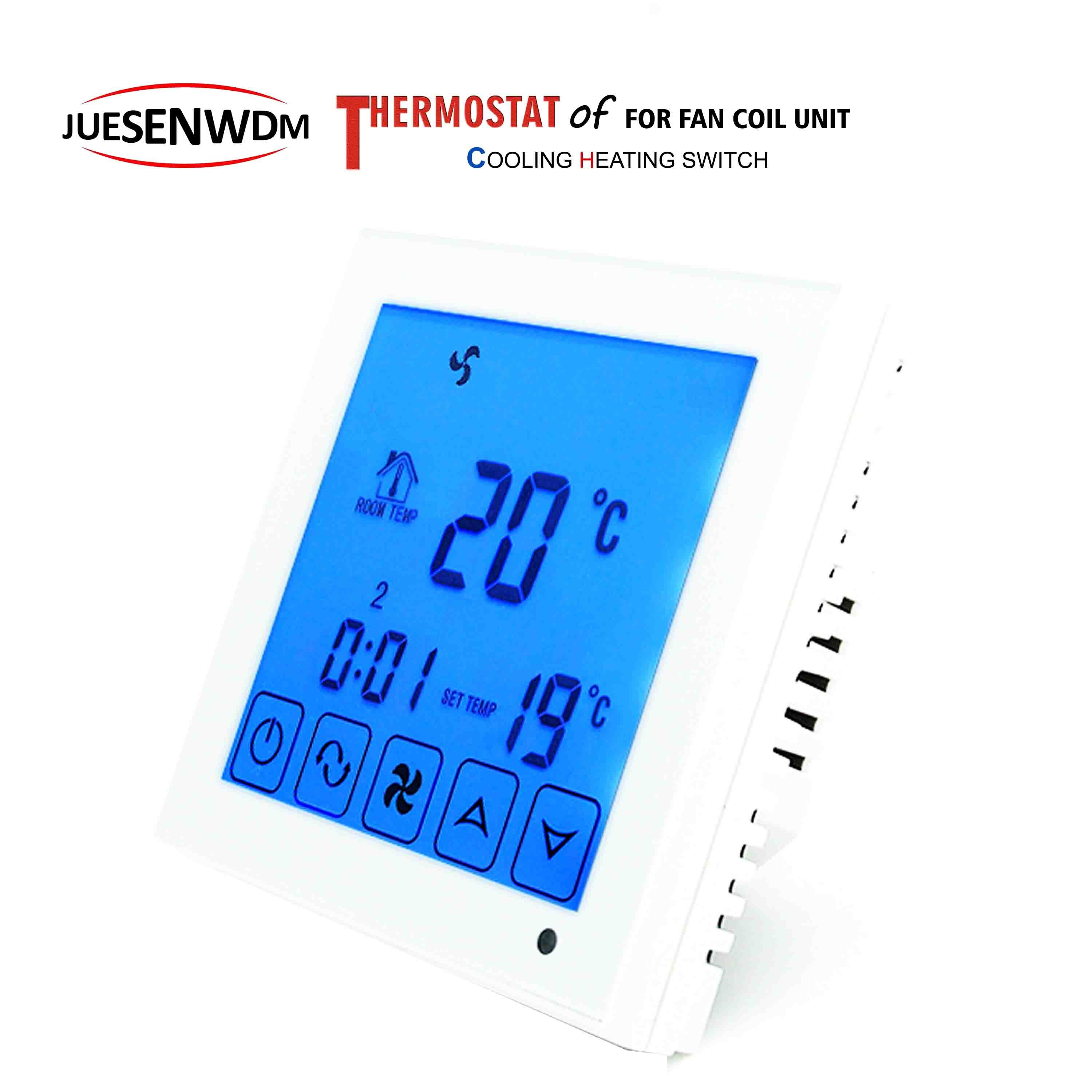 Touch screen room thermostat temperature controller for 2 pipe fan coil heater cooler adjustable