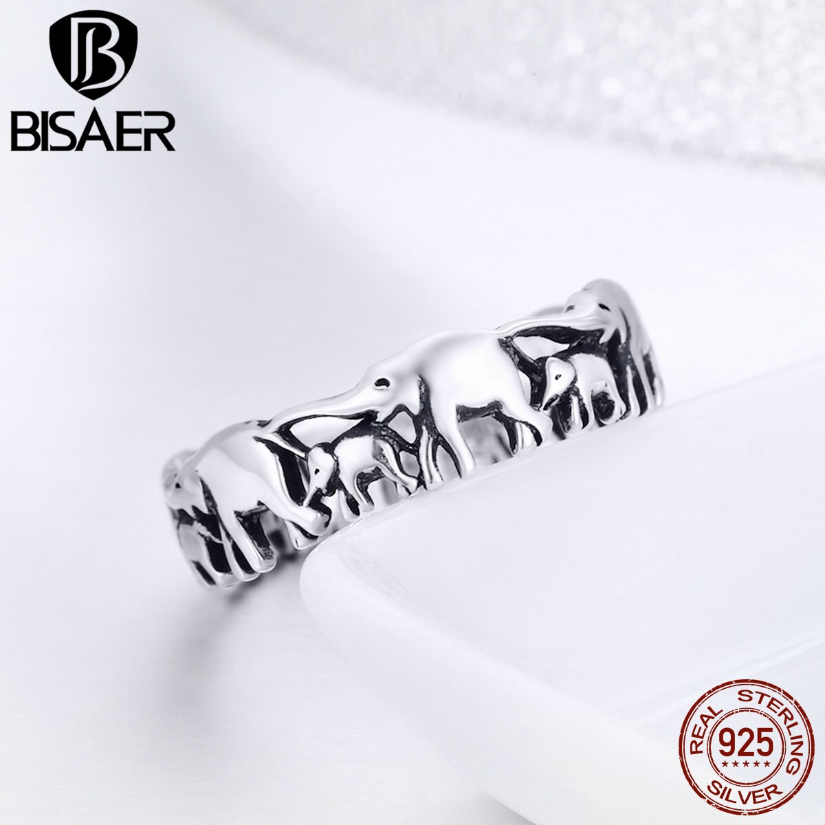 BISAER 925 Sterling Argento Anel Partito Vintage Silver Ring Animale Impilabile Elefante Delle Donne Anello di Barretta Dei Monili di Cerimonia Nuziale ECR344