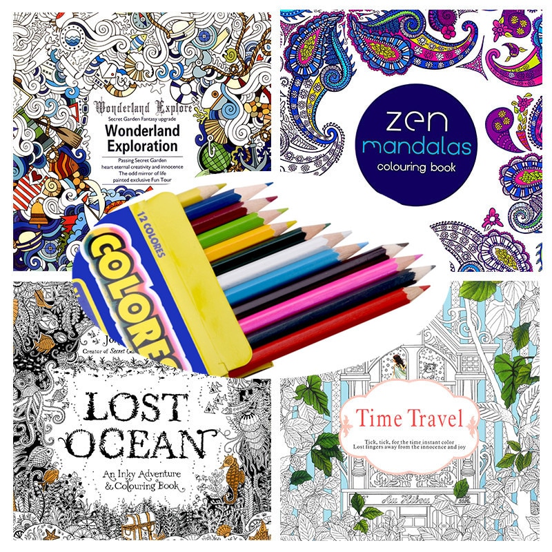 4 book set coloring book with pencils for kids Lost Ocean secret garden adult kids DIY school craft supply: Default Title