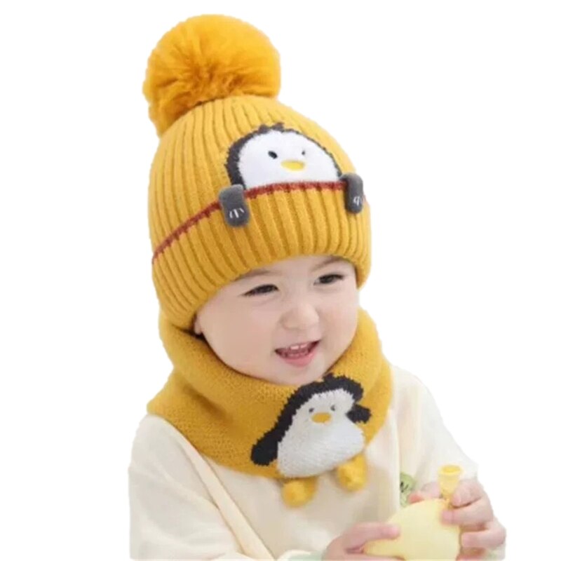 X5QF-gorro tejido de punto para bebé, bufanda de dos piezas, gorros para niños, gorros cálidos con solapa para las orejas, protección para las orejas para niños