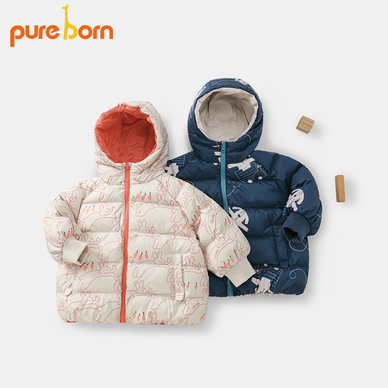 Pureborn da criança do bebê para baixo jaqueta reversível fofo com capuz bebê menino menina casaco adorável inverno crianças outfits