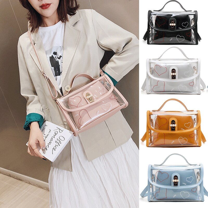 Women PVC Transparent Handbag See-through Beach Bag Clear Jelly Purse Clutch Tote PU Leather Handbag Messenger Bag