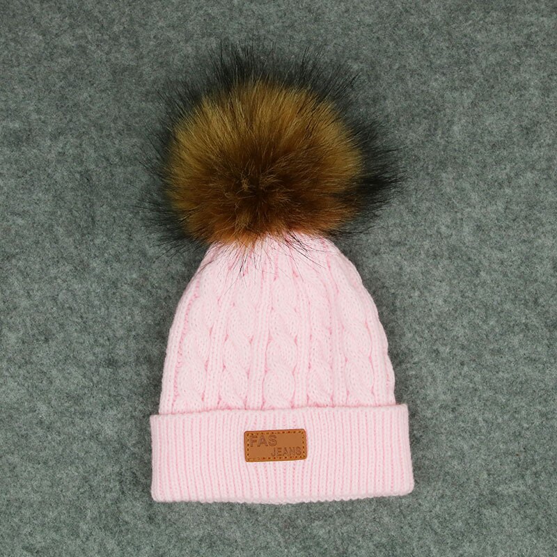 Gorro de lana con bola de pelo para niños, gorro de esquí cálido para deportes al aire libre, nieve, esquí, snowboard: Rosa