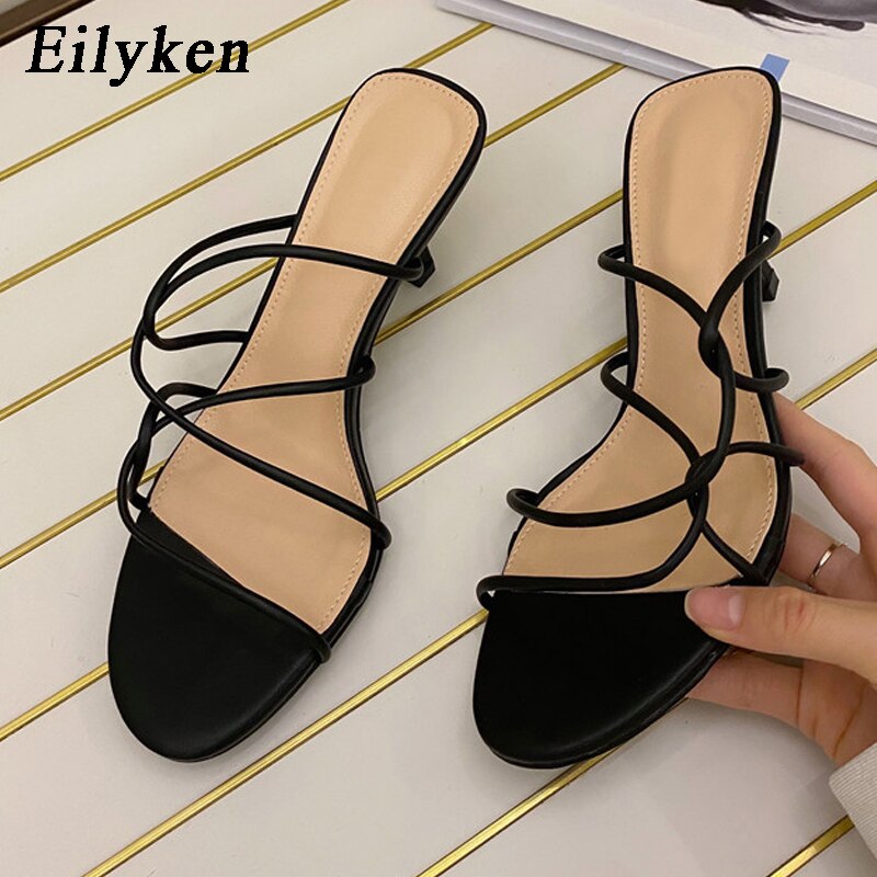 Eilyken Brand Women Slipper Cross Strap Casual Outdoor Sandal Ladies Thin High Heels Slides Sandal: Black / 39