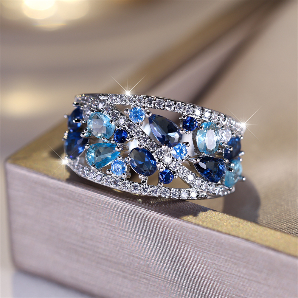 Anillo de piedra de gota de agua de cristal azul real, anillos de compromiso de Aguamarina simulada para mujer, banda de de boda de Color plata Vintage