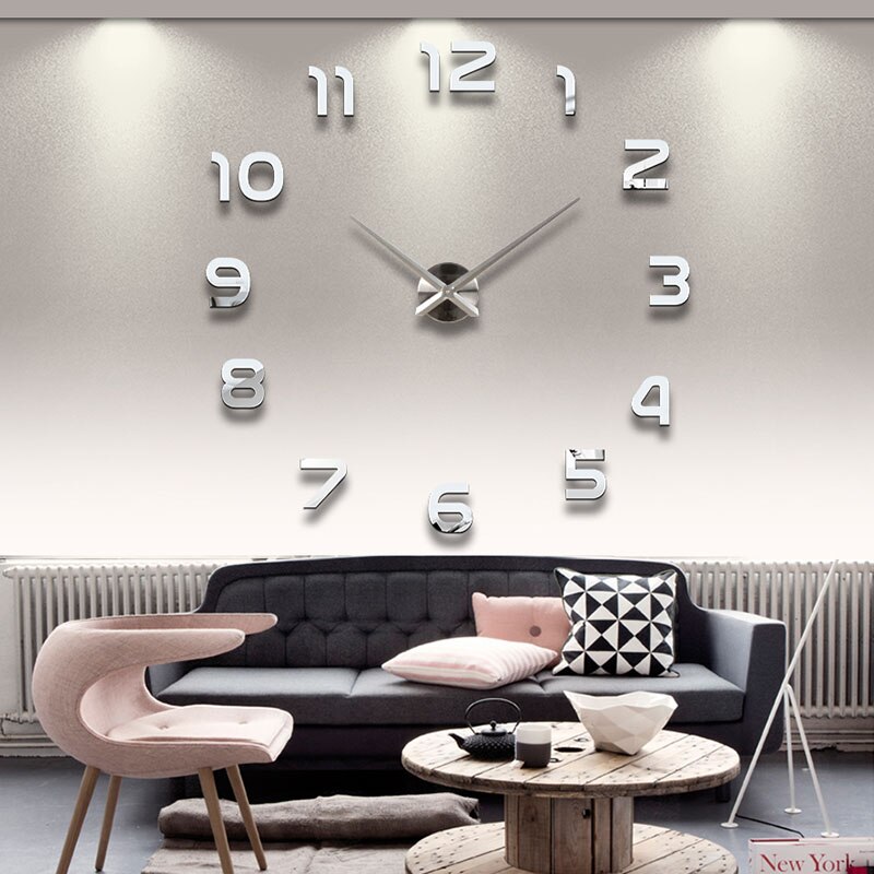 moderne 3D DIY Wanduhr Acryl Spiegel Wand Aufkleber Uhr Hause schmücken Uhren Metall Zifferblatt Mit Stumm Bewegung uhr: sliver / 47 inch