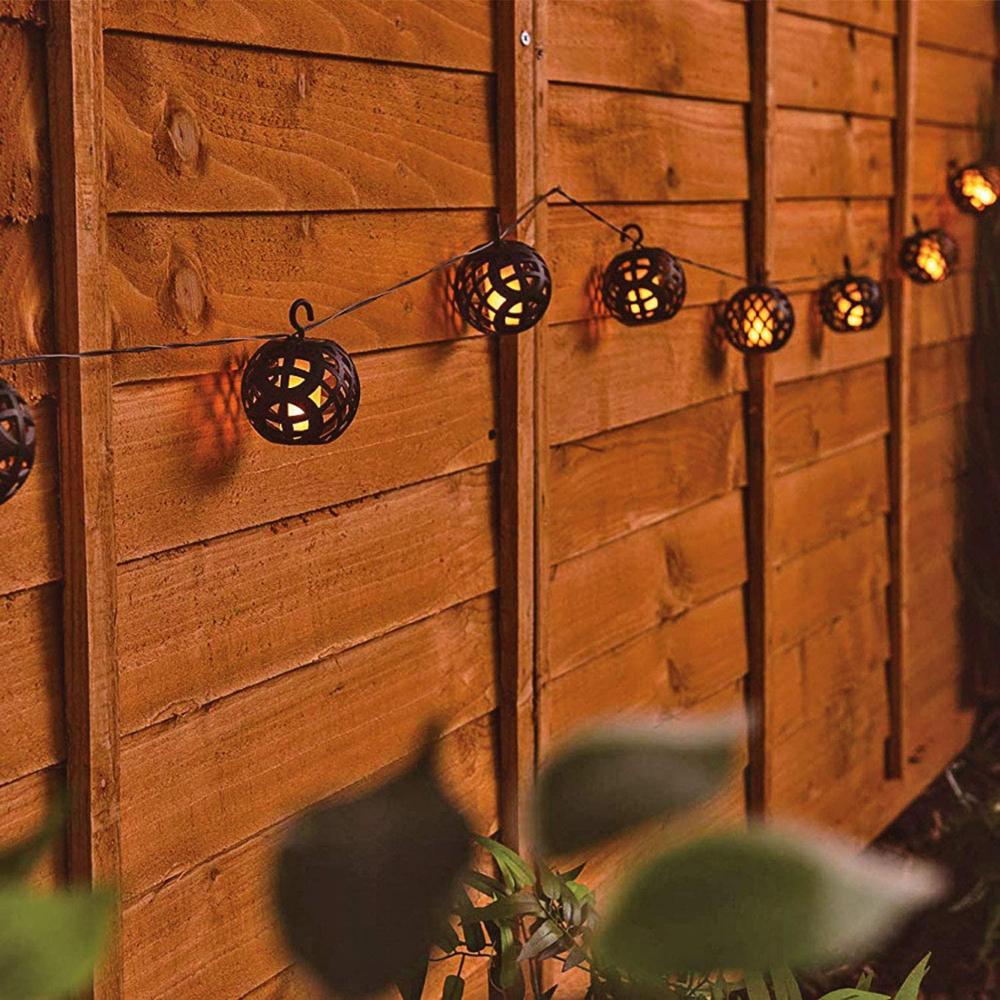 Solar Rattan Ball Flame Effect LED String Hanging Lights Waterproof Solar String Lights for Patio Garden Yard