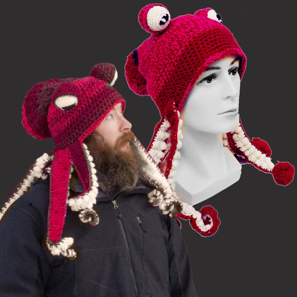 Knit Octopus Hats Beard Hand Weave Wool Christmas Cosplay Party Funny Tricky Headwear Warm Winter Men Hat Bonnet