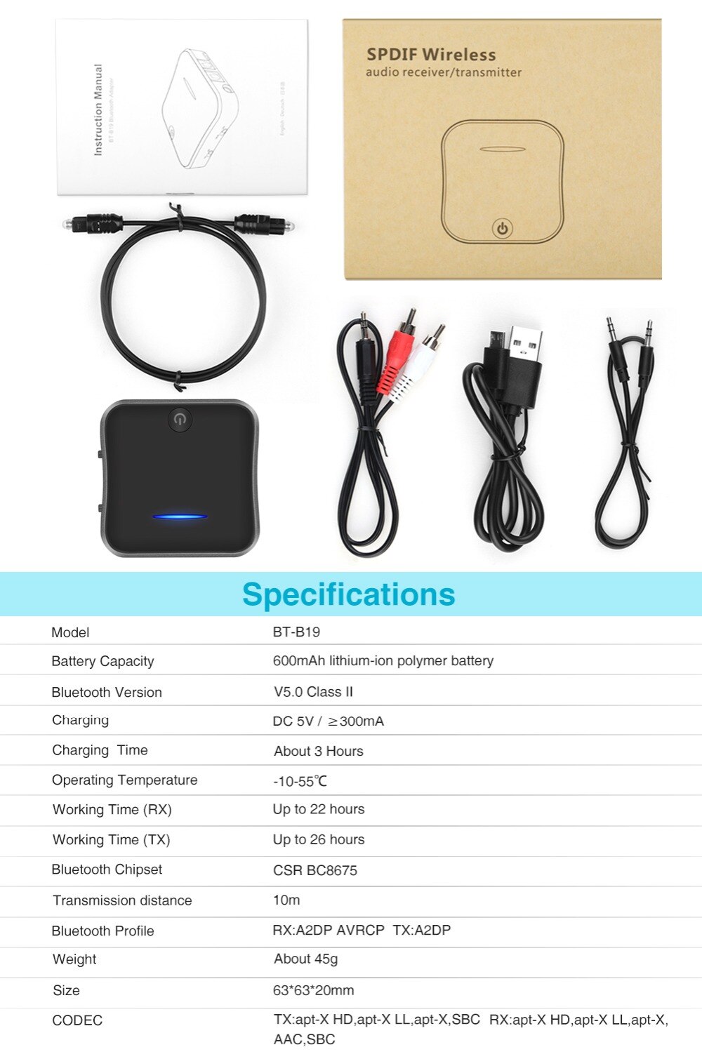 B19 Aptx Hd Lage Latency Bluetooth 5.0 Audio Zender Ontvanger Muziek CSR8675 Tv Pc Draadloze Adapter Rca/Spdif/3.5Mm Aux Jack