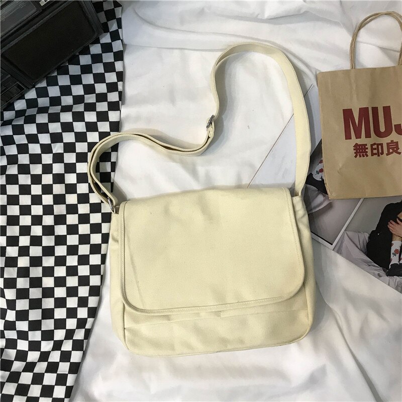 Grote Canvas Vrouwen Crossbody Bag Vrouwelijke Toevallige Handtas Grote Katoenen Doek Koreaanse Meisje Studenten Schouder Satchel Tas Voor School: WHITE