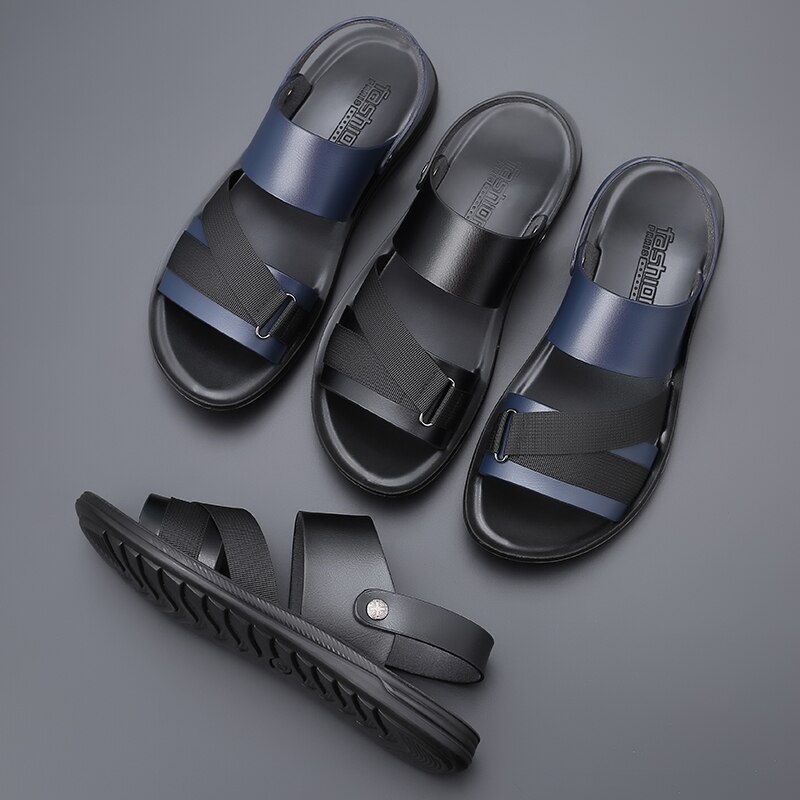 Yomior sommer blødt læder mænd sko afslappet lejligheder slip-on komfortable herre sandaler strand arbejde klipklapper hjemmesko sort blå