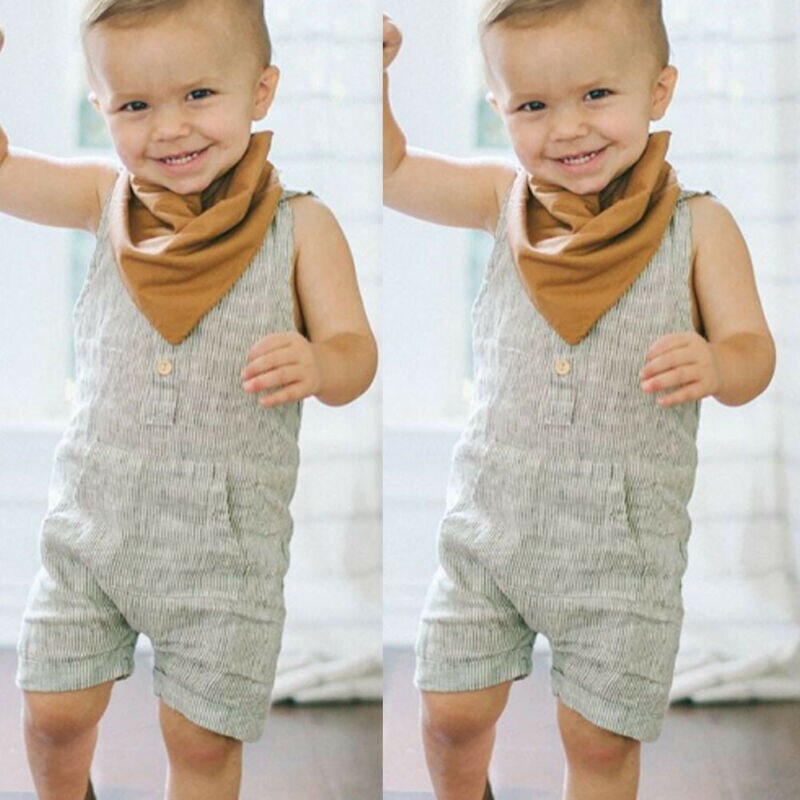 Newborn Baby Boy Cotton linen Romper Jumpsuit Sleeveless Clothes Set