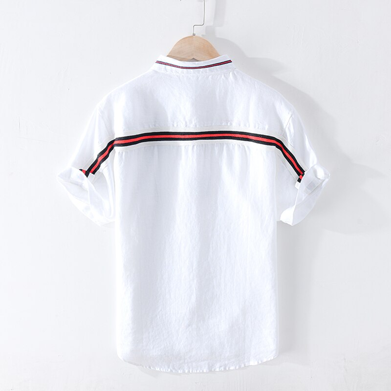 Linned sommer stribede skjorter til mænd kortærmede patchwork skjorte mænd afslappet turn-down krave toppe tøj