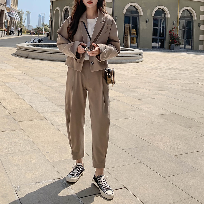 Kvinner 2 -delt sett høst uformelt blazere løs kontor dame forretningsdress kvinnelig koreansk blazer + dressbukse