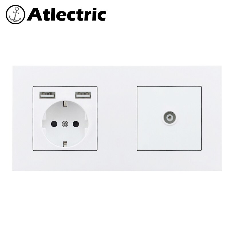 Atlectric DE EU Power Socket Dual USB Charging Port RJ45 TV Television Computer Double Socket Plastic PC Panel Wall Outlet