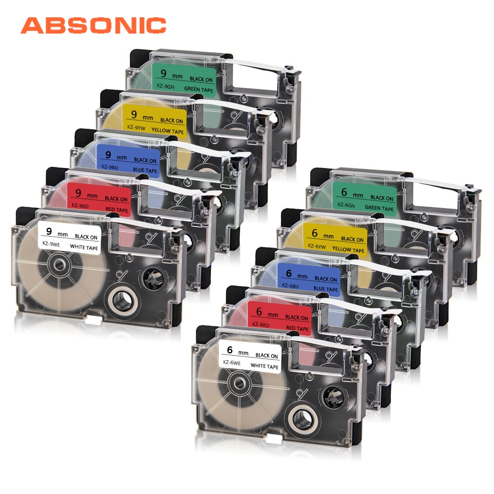 Absonic 6mm 9mm Label Tape For CASIO XR-6WE XR-9WE KL-170 KL-7400 KL-G2 Printer Labelmaker For CASIO XR-6X XR-9WE Tag Ribbon