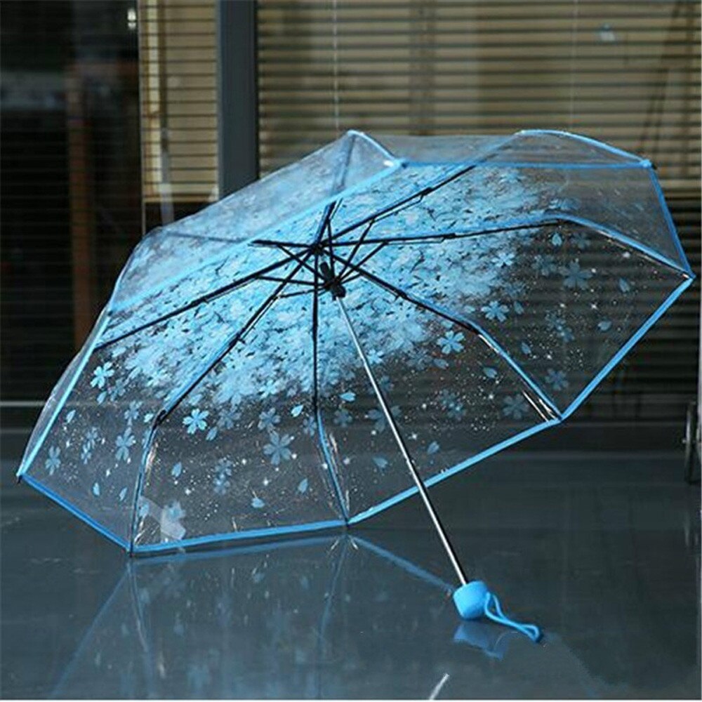 Paraply gennemsigtig flerfarvet klar paraply kirsebærblomst sakura langhåndtag paraplyakut kvinde paraplyer: Blå