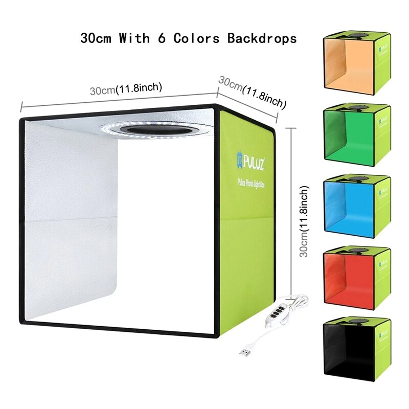 Puluz Mini Fotostudio Doos Draagbare Foto Lightbox Ring Led Fotografie Schieten Tent Box Kit Met 6 Achtergronden Studio Softbox: 30cm Green Version