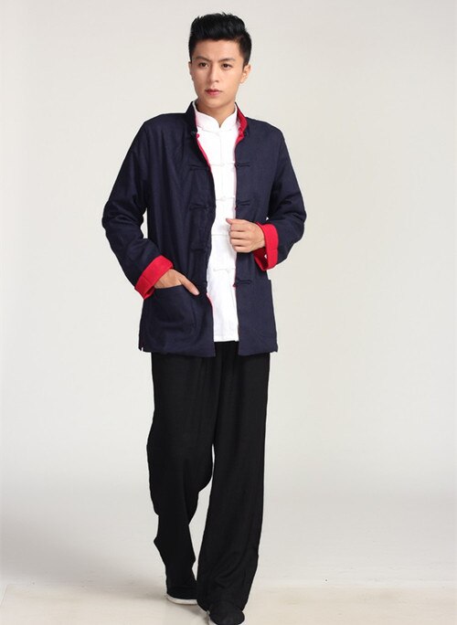 Style chinois Tang costume haut Vintage lin deux veste latérale pour hommes uniformes d'arts martiaux