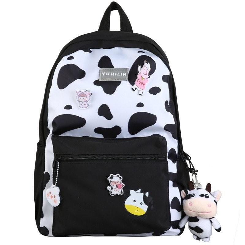 Cow Pattern Nyon Women Backpack Female Lovely School Bag For Teenage Girls Large Capacity Contrast Color Travel Bag Mochila: Black