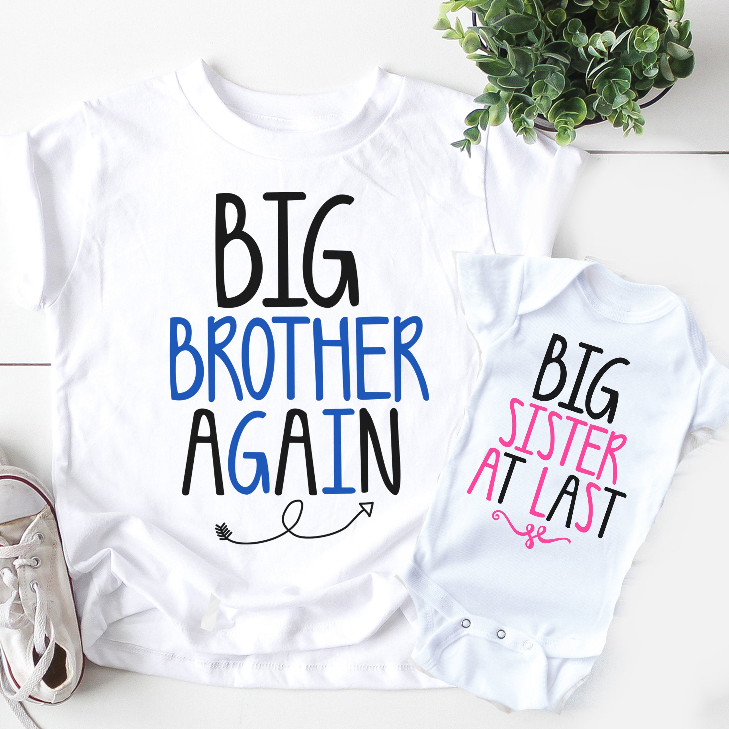 Big Brother Again Big Sister at last Shirts Sibling matching tops Big Brother Again Big Sister tees Pregnancy Announcement: 1pc big bro-3T