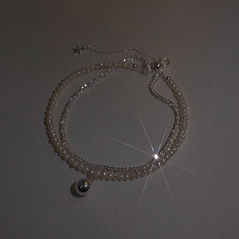 Pulseira com pingente de estrela e lua ajustável, pulseira simples, adorável, brilhante, de zircônia, joias femininas para amantes, presente: pearl chain