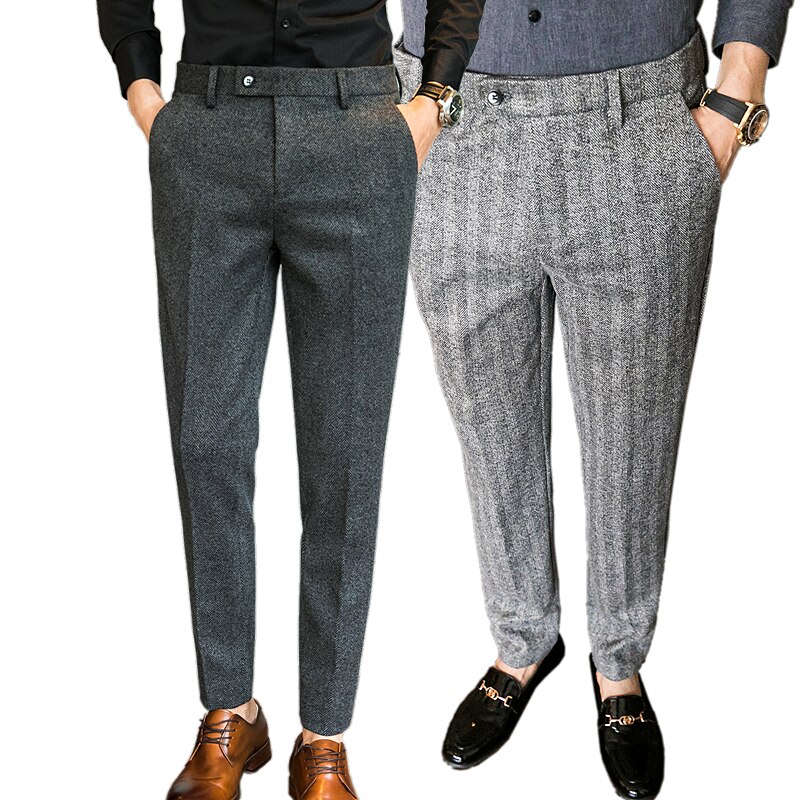 Vinter herre ullbukser grå casual slipte bukser størrelse 28-36 slim dressbukse for menn