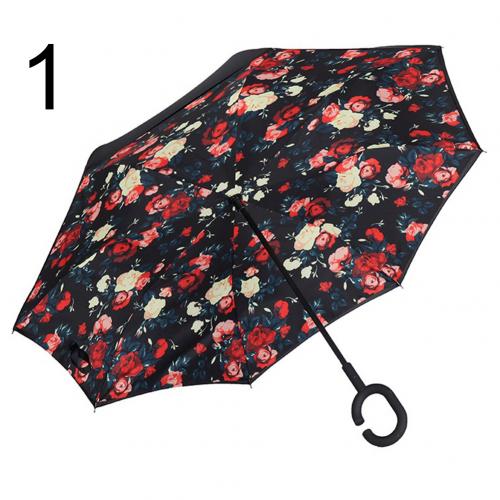 Lady Double Layer Anti-UV Windproof C-Shaped Handle Reverse Folding Umbrella Man Women Sun Rain Car Inverted Upstanding Umbrella: 1