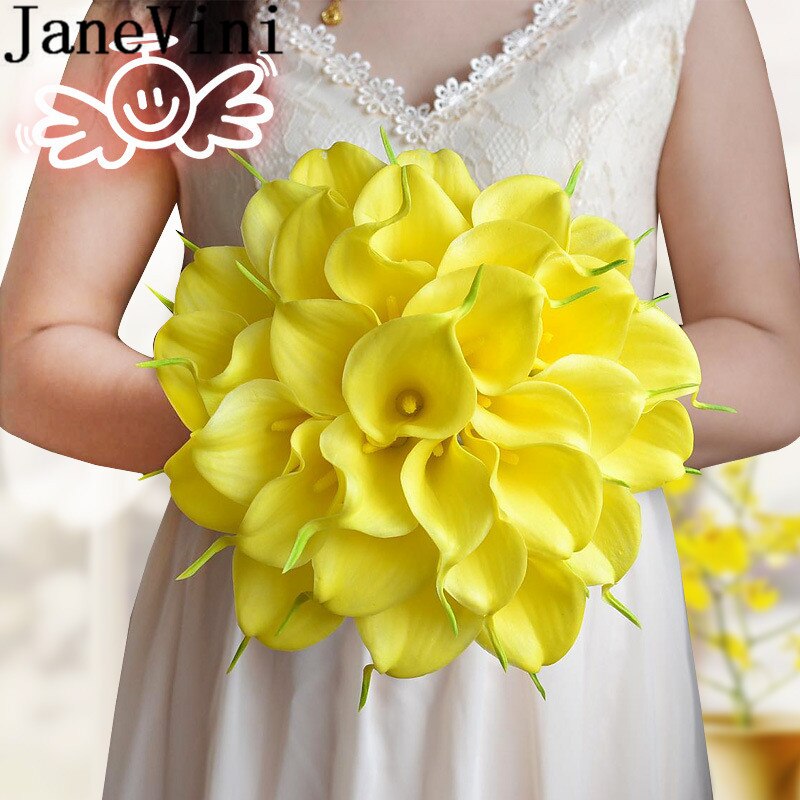 JaneVini Boho blanc Calla lys mariée Bouquet artificiel jaune soie demoiselle d'honneur Bouquets dentelle mariage mariée fleur Ramo Flores