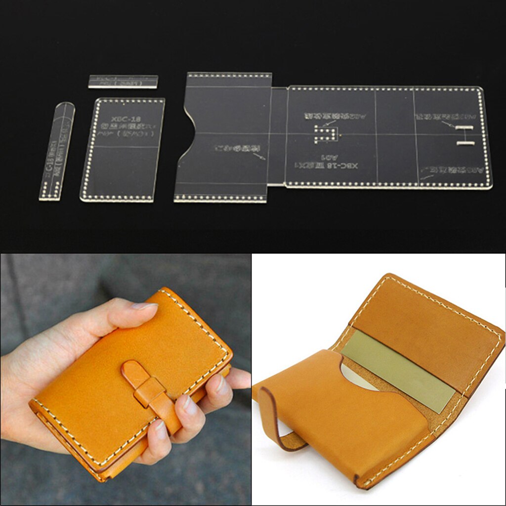 4-Packs Leather Handmade Craft Wallet Sewing Pattern Acrylic Stencil Template Sewing Accessories with Holes 10 x 7cm