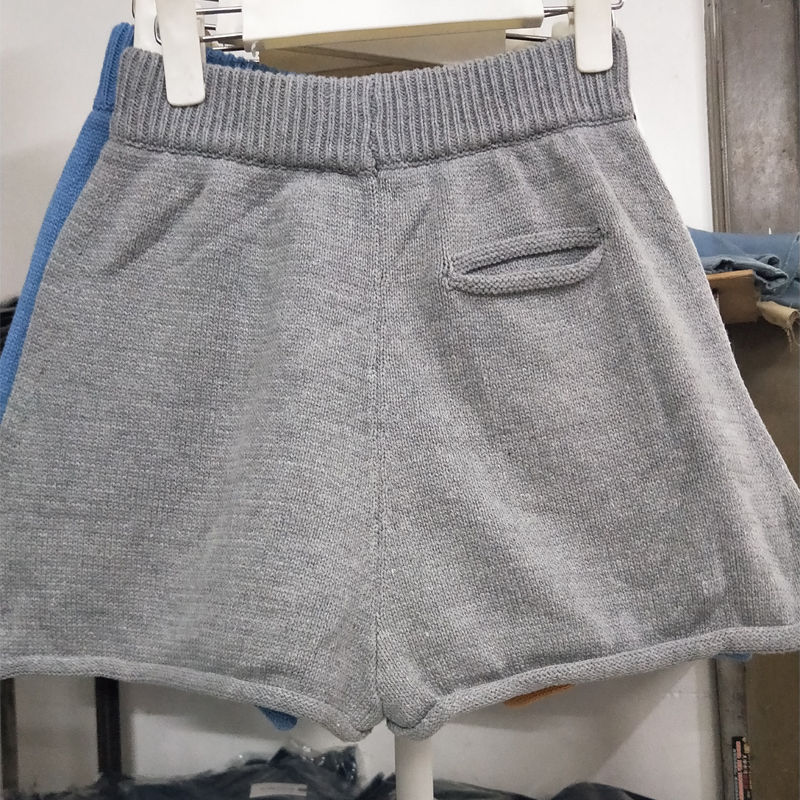 Short tricoté pour femmes, pantalon, taille haute, couleur unie, grande taille: Gris / XL