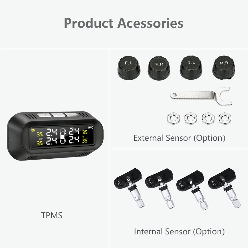 Bildekktrykk alarm overvåkingssystem solcelle trådløs sensor tpms overvåking 4 hjul eksterne/interne dekktrykk sensorer: Ty -578 / Eksterne sensorer