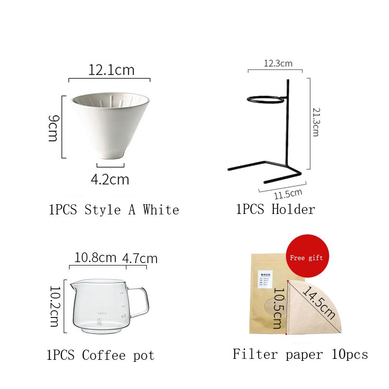 Hand Brew Coffee Brewer Set Pour over Coffee V60 Dripper Glass Coffee Pot Hand Drip Brewer Stand With Coffee Filter Paper Cup: White A Set