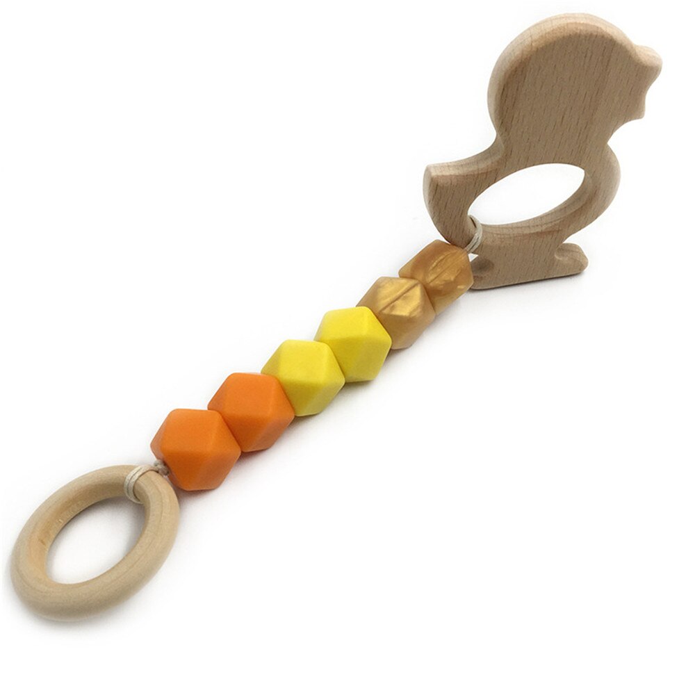 Mordedor de madera para bebé, juguete con cuentas de dentición con de ganchillo de zorro, erizo, elefante, pájaro, juguete para niños, pulsera con cadena para dentición