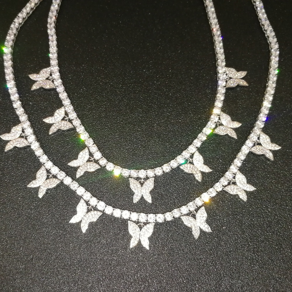 Iced Out Bling Butterfly Choker Pendant Necklace Gold Silver Color with 4mm Tennis Chain Hip Hop Jewelry for Men Women