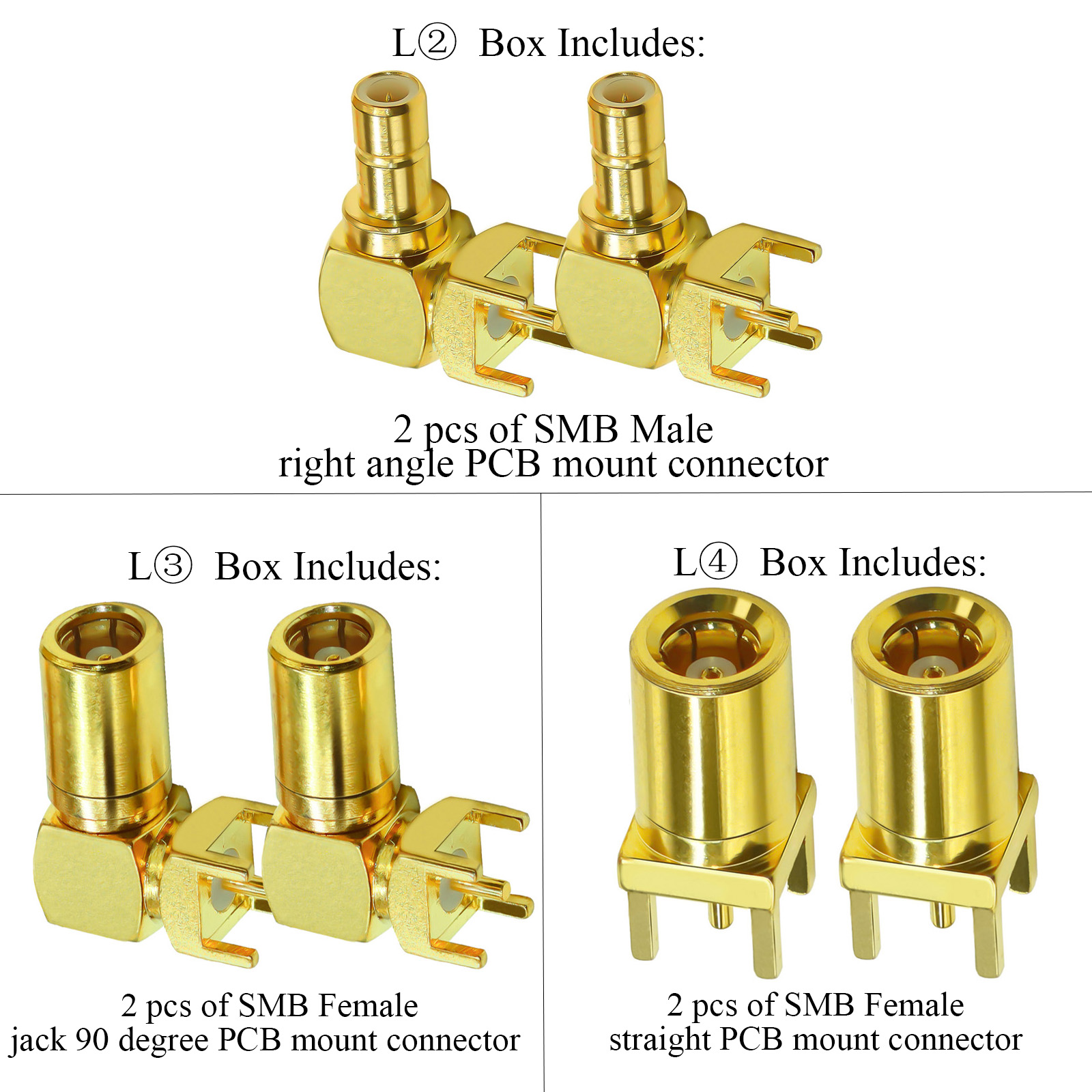 SMB PCB Mount Connector SMB Male Plug RF Coaxial Adapter SMB Female Jack Right Angle Solder PCB Panel 4 Pins 3Type/lot 2pcs/lot