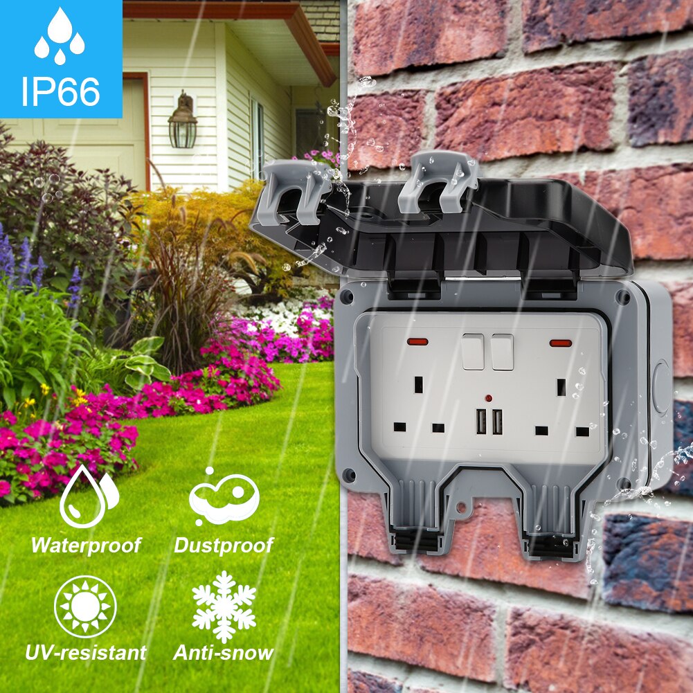 Enchufe de pared exterior IP66 impermeable, 13A, enchufe conmutado de Reino Unido con puerto de carga USB, inserción de carga