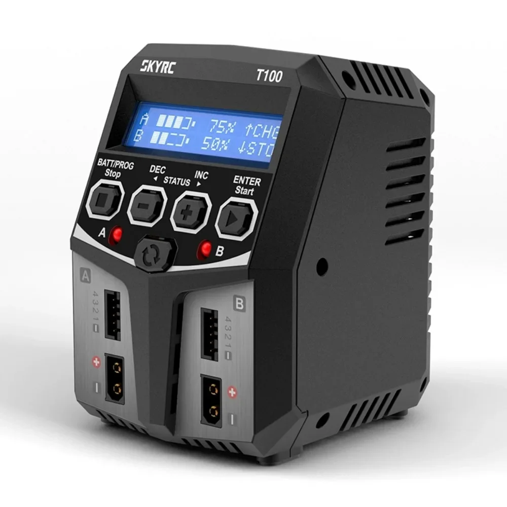 Caricabatterie bilanciato batteria SKYRC T100 AC Lipo Caricatore doppio 5A 2X50W 2-4S per batteria NiMH / NiCd / LiPo / vita / Lilon / LiHV / Pb